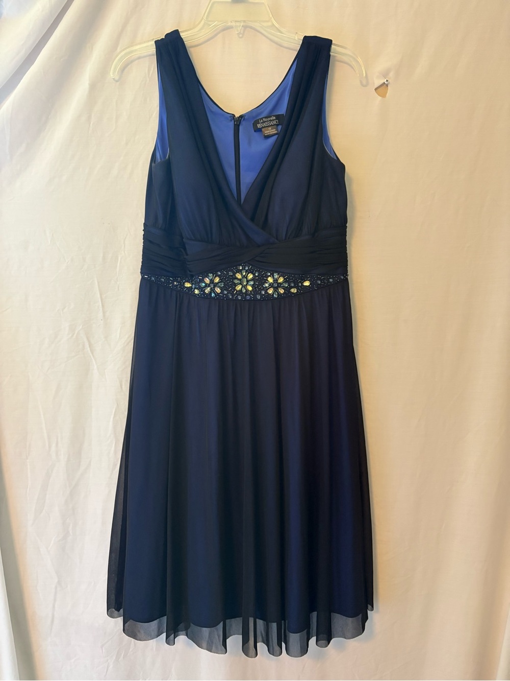 Sleeveless Navy Midi Dress with Beaded Waistband